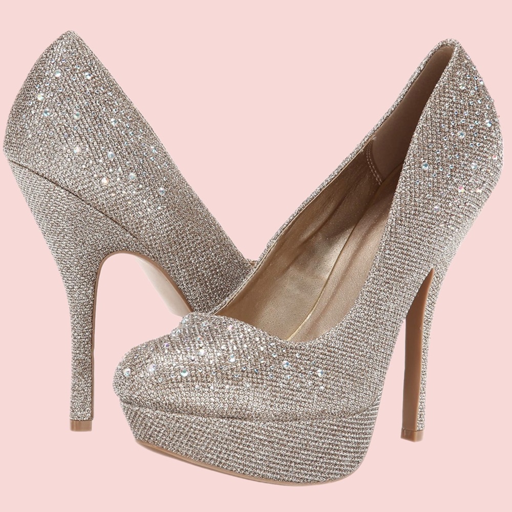 Round Toe champagne Glitter Mesh Rhinestone Studded Low Platform Pump Heel ✨
